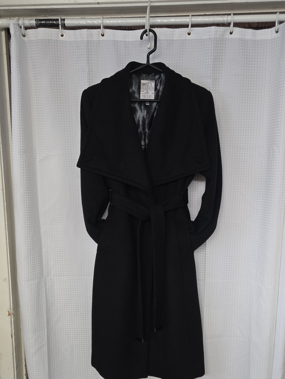 Jennifer Lopez Black Long Sleeve Wrap Belted Coat Dress
